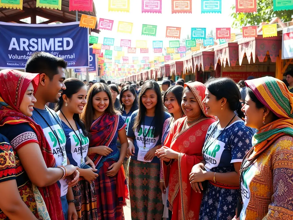 A heartwarming picture of ARSIMED volunteers interacting with local community members during a cultural event, showcasing the organization's commitment to community engagement.