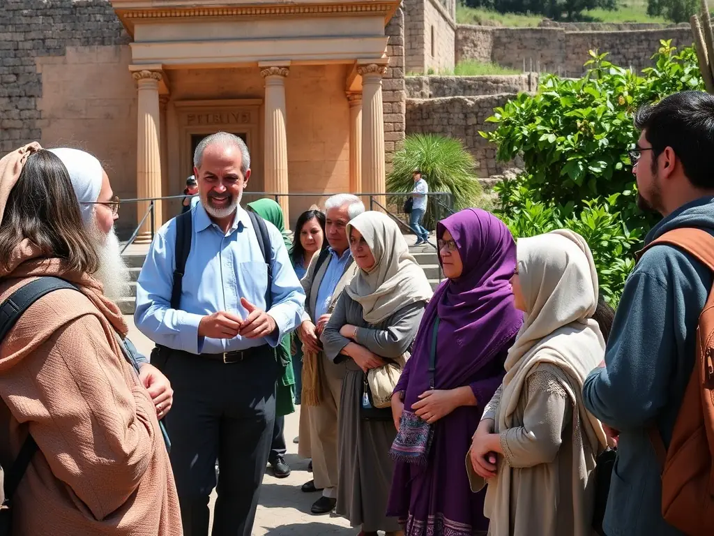 A photograph featuring a guided tour of a historical landmark, with a knowledgeable ARSIMED guide explaining the significance of the site to an attentive group of visitors.