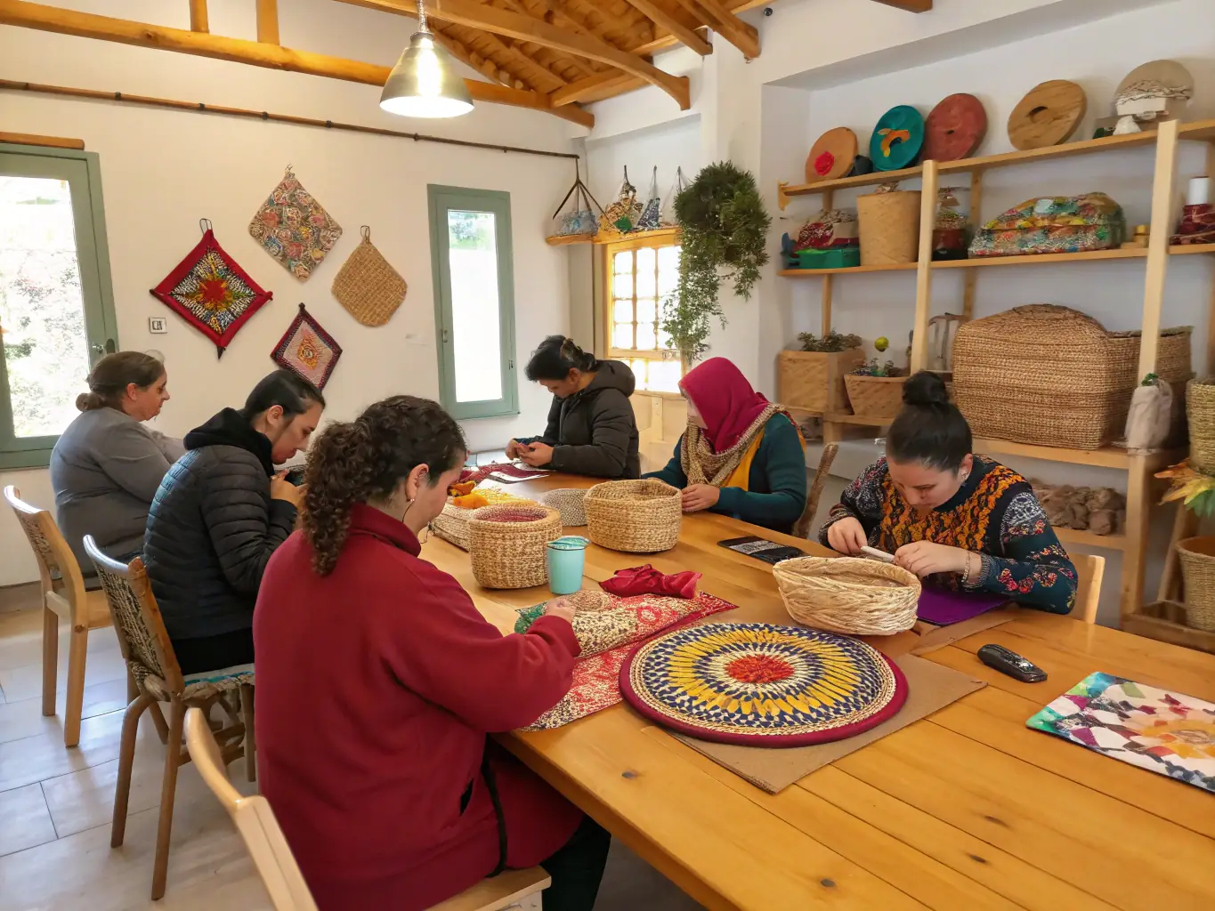 A photograph showcasing a workshop where participants are learning traditional craft techniques from local artisans, emphasizing the preservation of intangible cultural heritage.