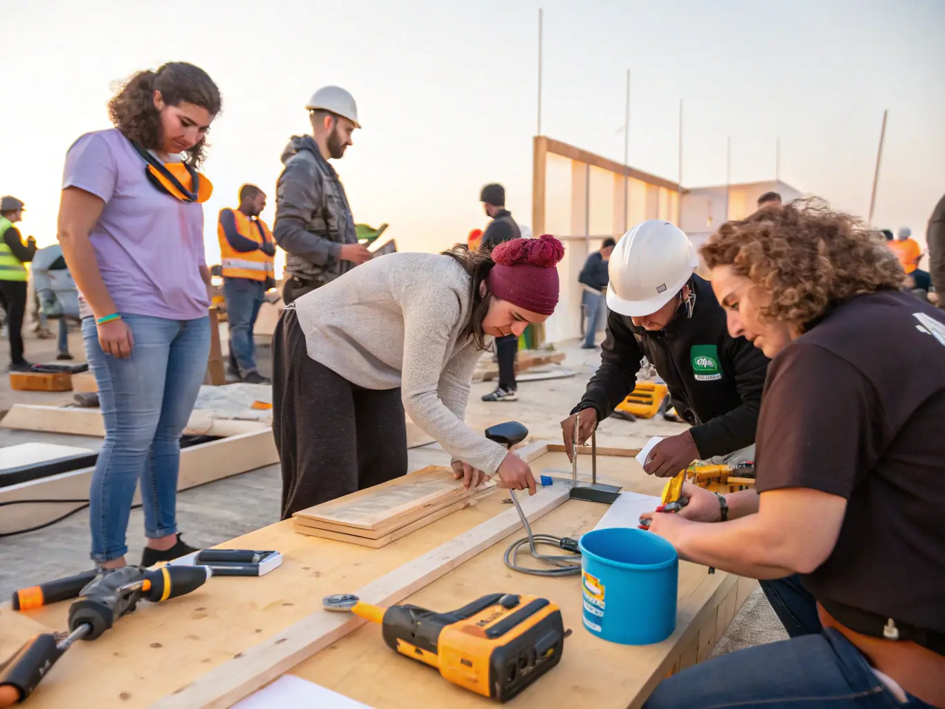 A vibrant photograph showcasing participants in an ARSIMED workshop learning traditional restoration techniques on a historical building facade, emphasizing hands-on engagement.