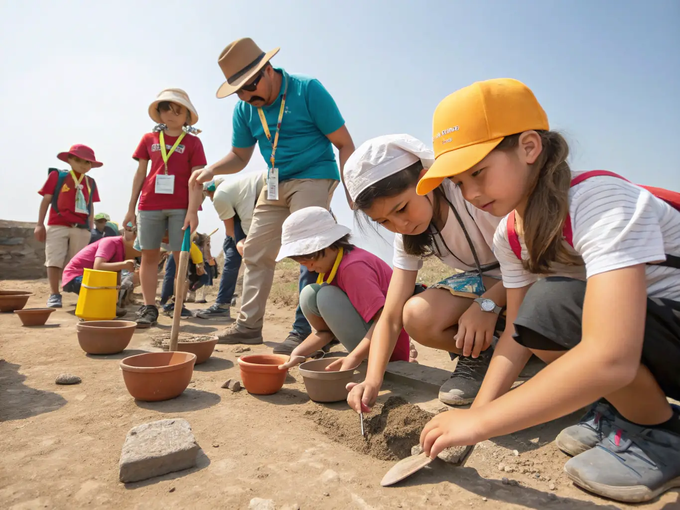 A photograph depicting a group of students participating in an archaeological dig at a historical site managed by ARSIMED, focusing on their excitement and engagement in uncovering artifacts.