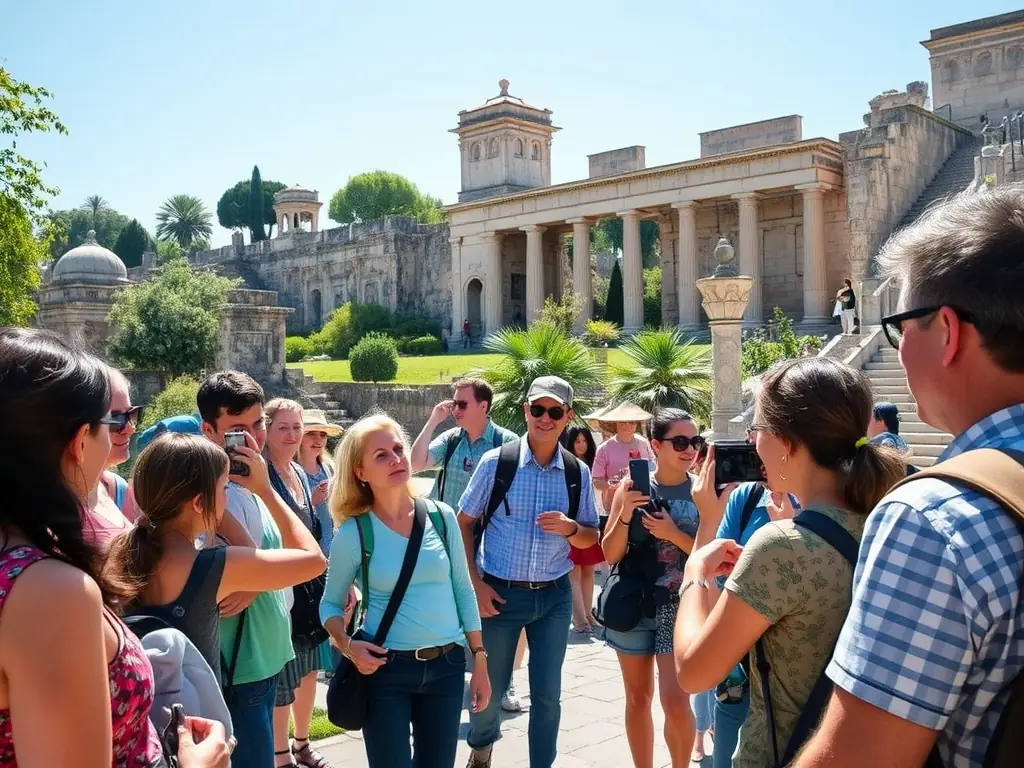 A captivating image of tourists exploring a heritage site managed by ARSIMED, highlighting the organization's role in promoting sustainable tourism and cultural appreciation.